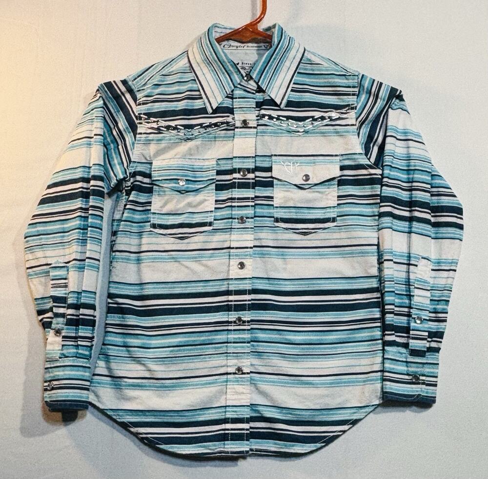 Cowgirl Hardware Girls Sz 6 Western Snap Shirt Blue Striped Rhinestone Cotton
